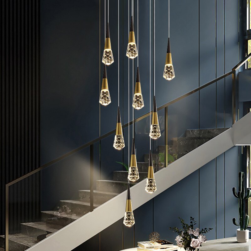 Crystal Spiral Cones Staircase Chandelier – Modern LED Lighting for High Ceilings-MinimalisticDecor.com