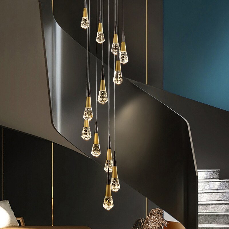 Crystal Spiral Cones Staircase Chandelier – Modern LED Lighting for High Ceilings-MinimalisticDecor.com