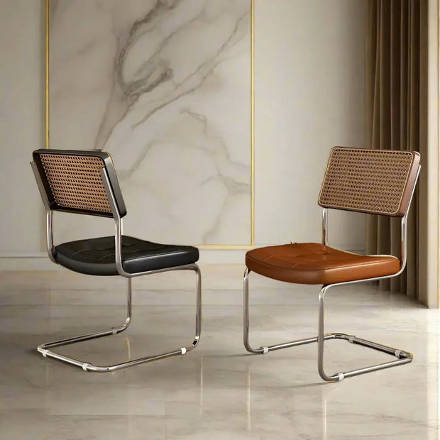 French Vintage Rattan Dining Chairs – Walnut Wood and Leather Finish-MinimalisticDecor.com