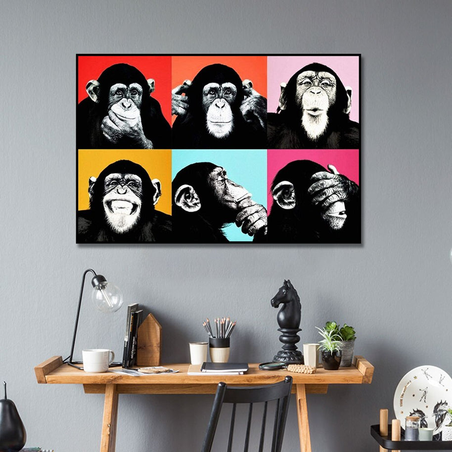 Funny Six Monkeys Abstract Canvas Art-MinimalisticDecor.com