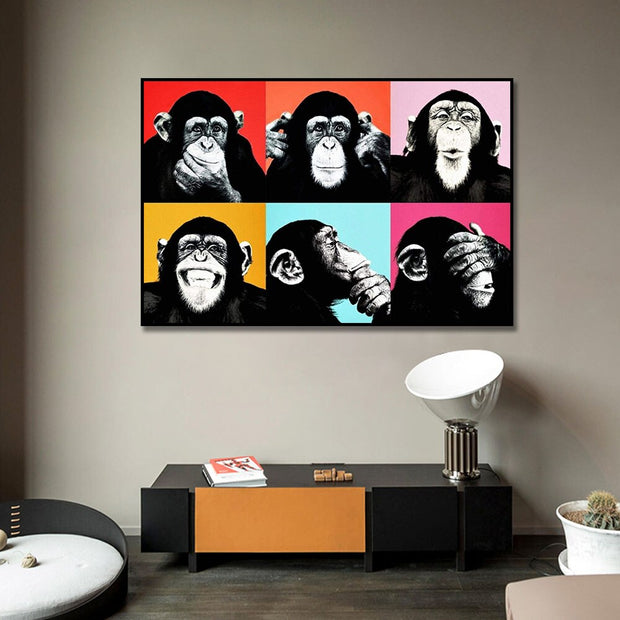 Funny Six Monkeys Abstract Canvas Art-MinimalisticDecor.com
