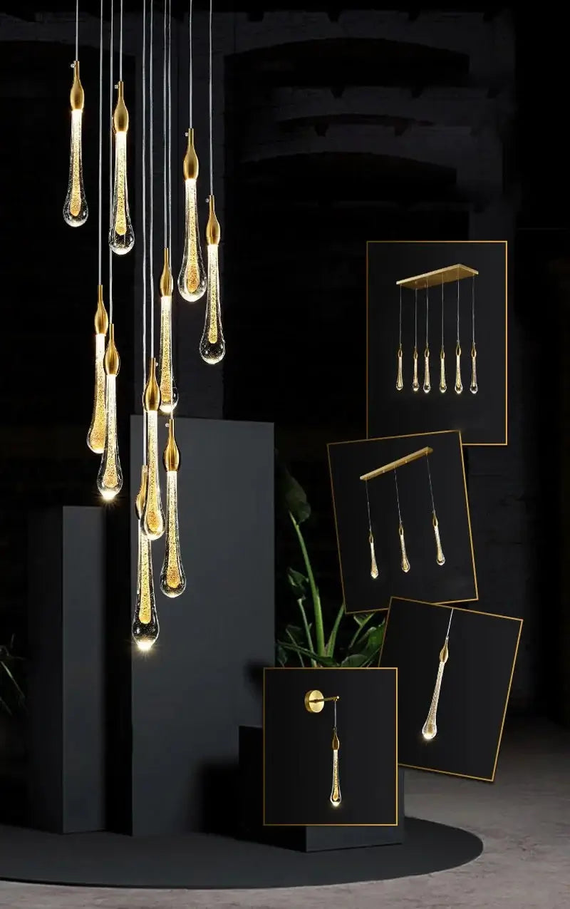 Gold Water Drop Crystal Pendant LED Chandelier Lighting-MinimalisticDecor.com