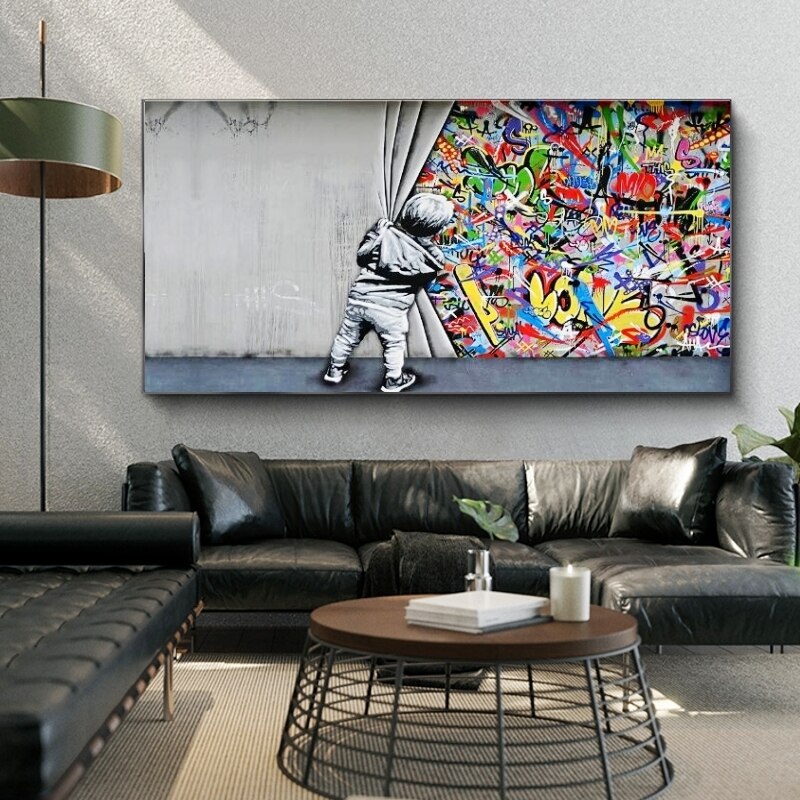 Graffiti Art Boy Behind the Curtain Canvas Wall Art-MinimalisticDecor.com