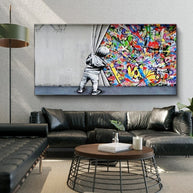 Graffiti Art Boy Behind the Curtain Canvas Wall Art-MinimalisticDecor.com