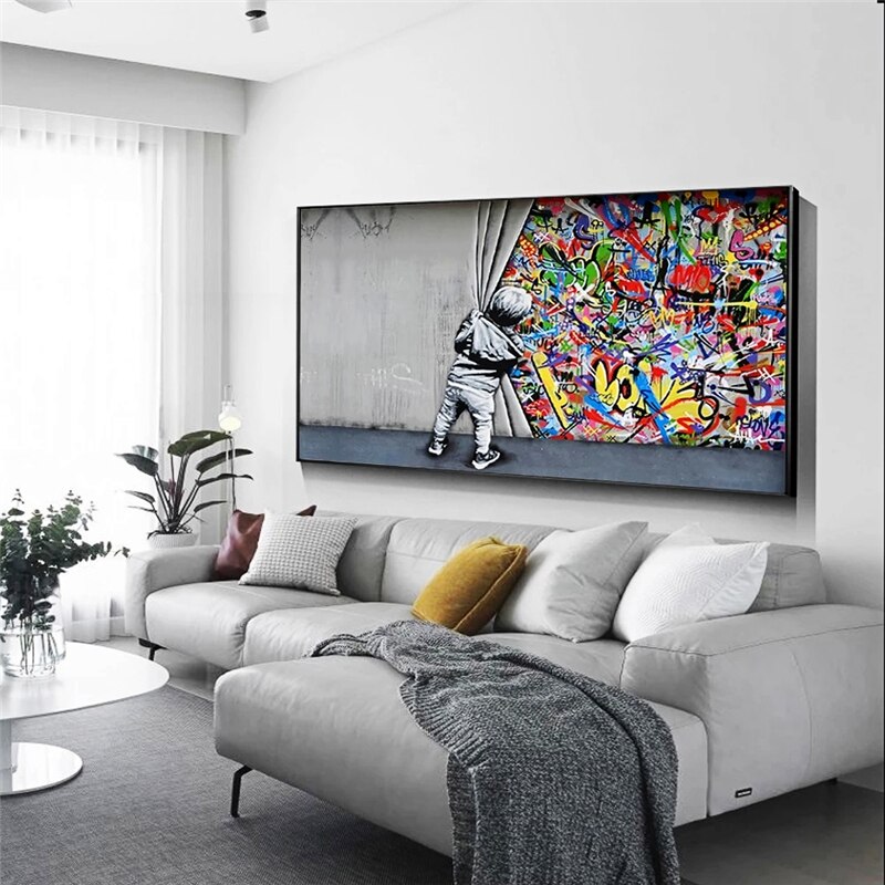 Graffiti Art Boy Behind the Curtain Canvas Wall Art-MinimalisticDecor.com