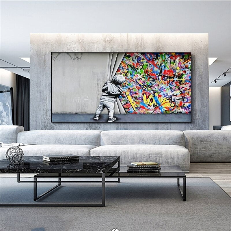 Graffiti Art Boy Behind the Curtain Canvas Wall Art-MinimalisticDecor.com