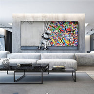 Graffiti Art Boy Behind the Curtain Canvas Wall Art-MinimalisticDecor.com