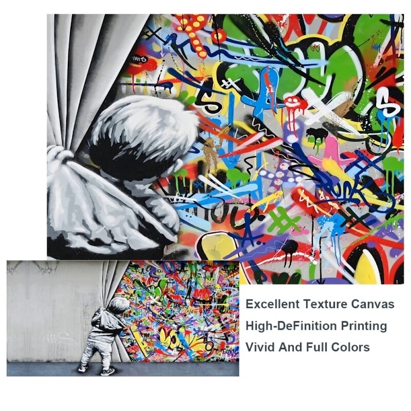 Graffiti Art Boy Behind the Curtain Canvas Wall Art-MinimalisticDecor.com