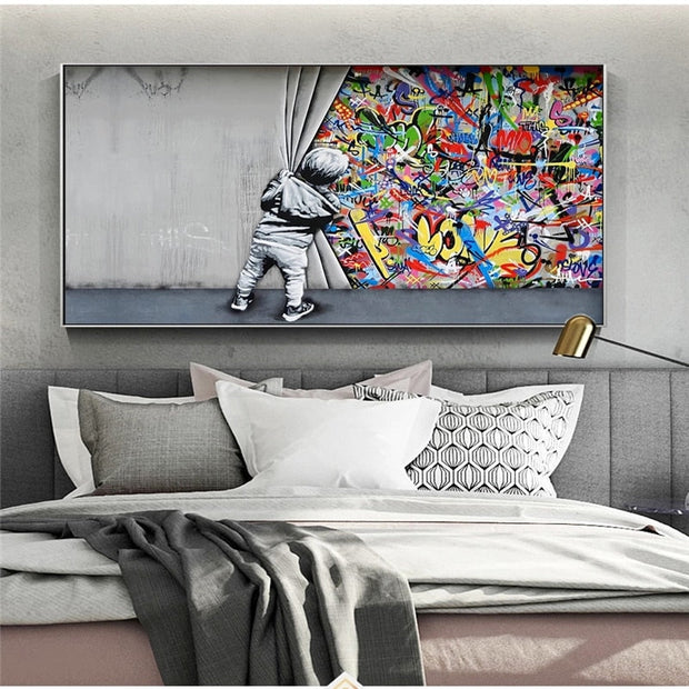 Graffiti Art Boy Behind the Curtain Canvas Wall Art-MinimalisticDecor.com