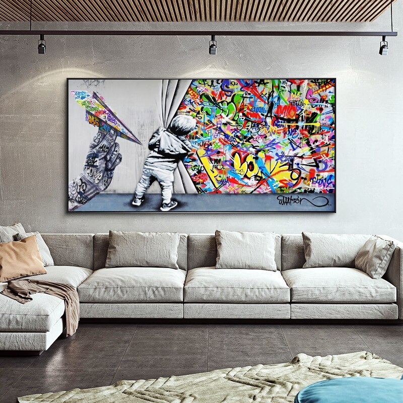 Graffiti Street Art Boy Behind The Curtain Canvas Wall Art-MinimalisticDecor.com
