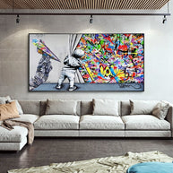 Graffiti Street Art Boy Behind The Curtain Canvas Wall Art-MinimalisticDecor.com