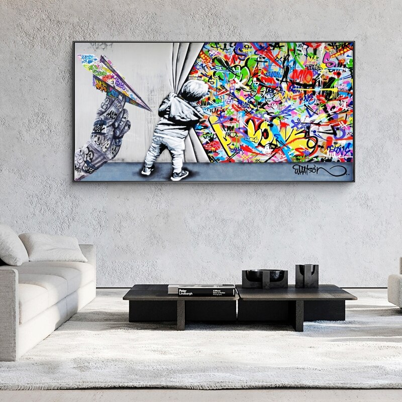 Graffiti Street Art Boy Behind The Curtain Canvas Wall Art-MinimalisticDecor.com