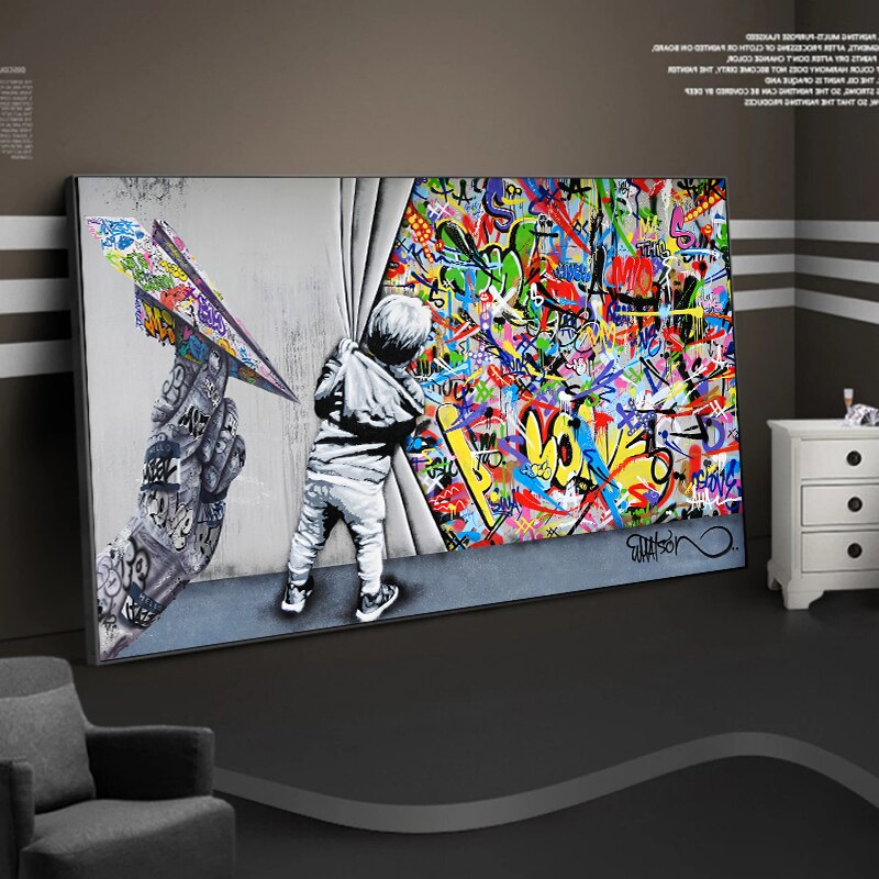 Graffiti Street Art Boy Behind The Curtain Canvas Wall Art-MinimalisticDecor.com