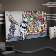 Graffiti Street Art Boy Behind The Curtain Canvas Wall Art-MinimalisticDecor.com