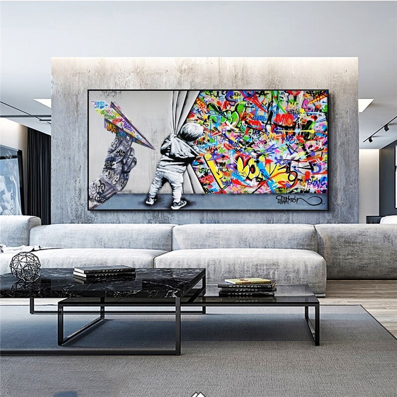 Graffiti Street Art Boy Behind The Curtain Canvas Wall Art-MinimalisticDecor.com