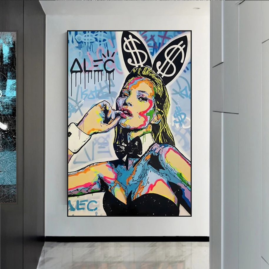 Kate Moss Bunny Canvas Painting - Pop Art by Alec Monopoly-MinimalisticDecor.com
