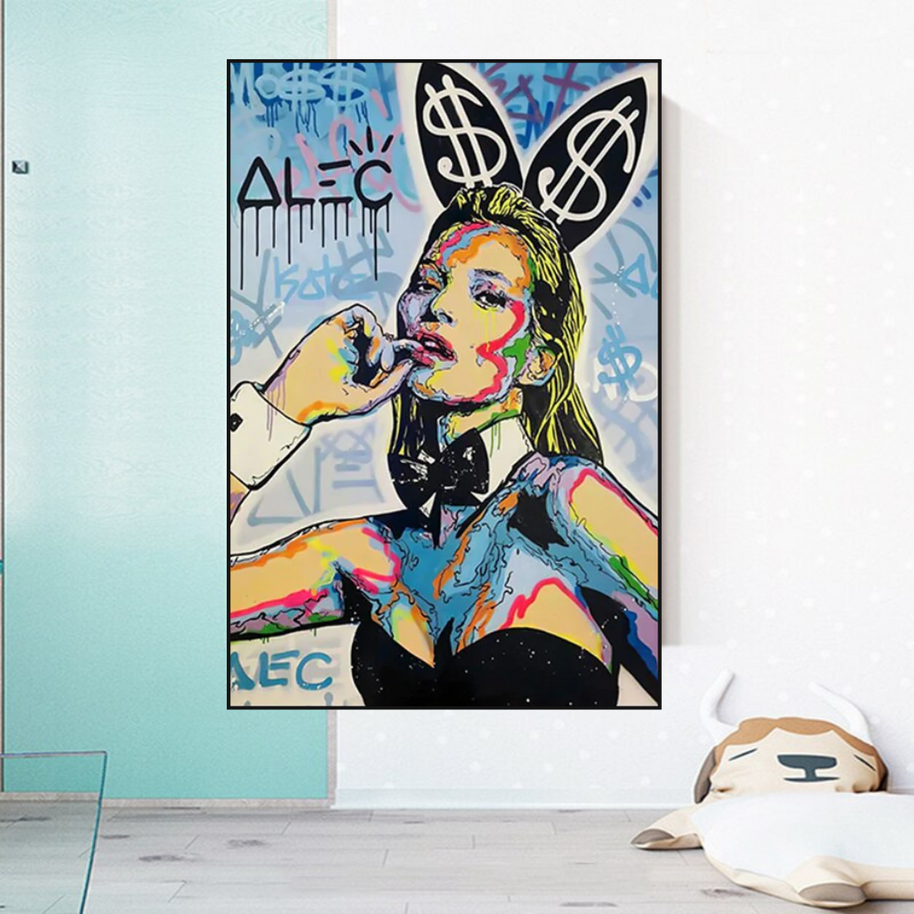 Kate Moss Bunny Canvas Painting - Pop Art by Alec Monopoly-MinimalisticDecor.com
