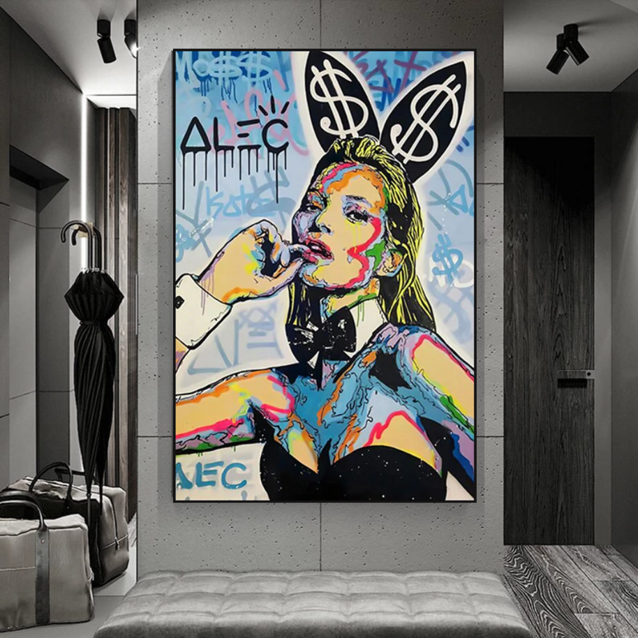 Kate Moss Bunny Canvas Painting - Pop Art by Alec Monopoly-MinimalisticDecor.com