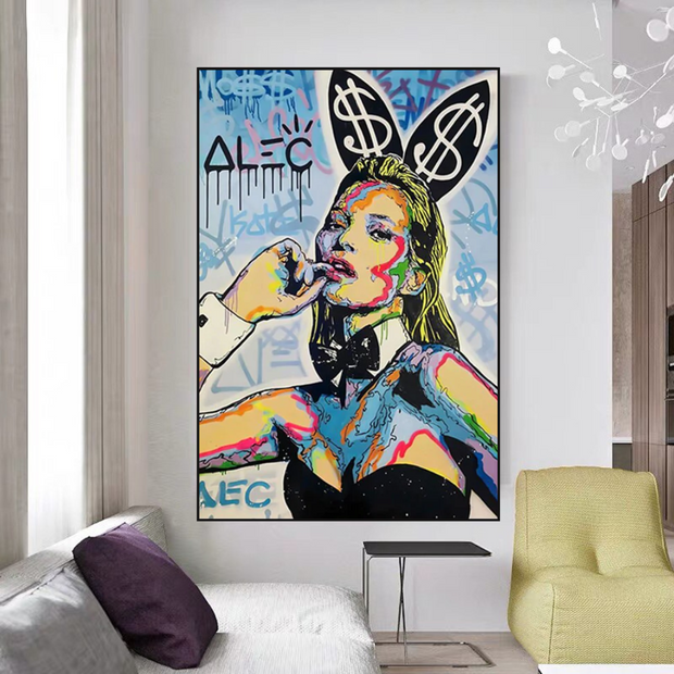 Kate Moss Bunny Canvas Painting - Pop Art by Alec Monopoly-MinimalisticDecor.com