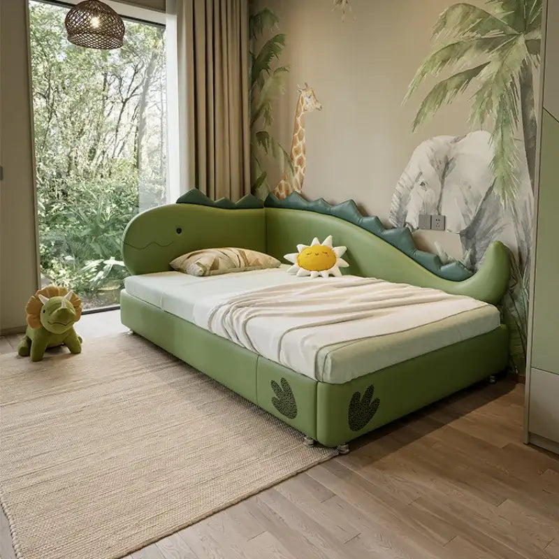 Kids Room Dino Bed with Storage – Solid Wood Frame PVC Finish-MinimalisticDecor.com