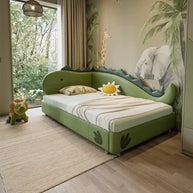 Kids Room Dino Bed with Storage – Solid Wood Frame PVC Finish-MinimalisticDecor.com