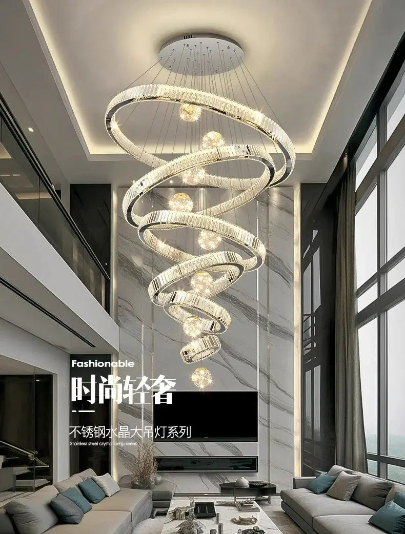 Large Swirl Crystal Ring Chandelier – Modern Pendant Lighting for High Ceilings-MinimalisticDecor.com