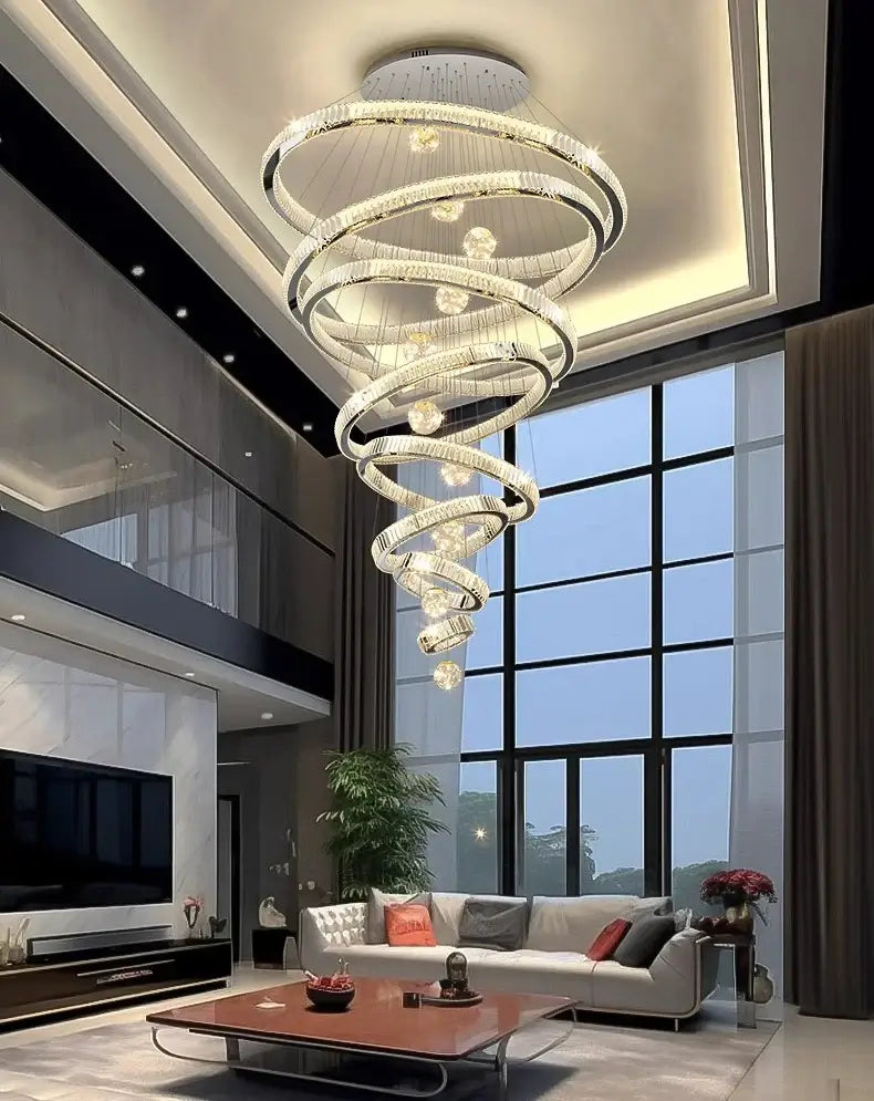 Large Swirl Crystal Ring Chandelier – Modern Pendant Lighting for High Ceilings-MinimalisticDecor.com