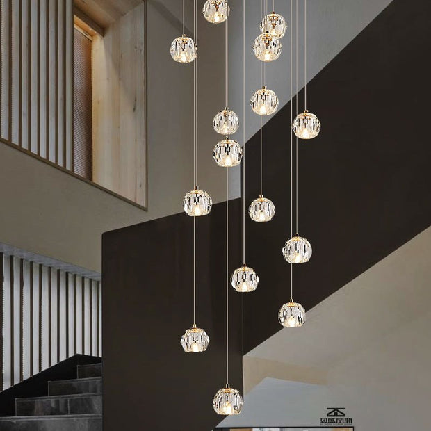 Luxury Crystal Globes Stair Chandelier – Elegant LED Pendant with Plated Finish-MinimalisticDecor.com