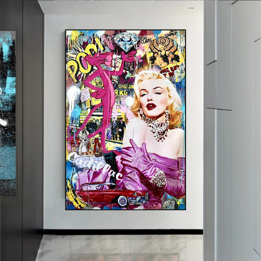 Marilyn and Pink Panther Street Graffiti Art on Cadillac-MinimalisticDecor.com