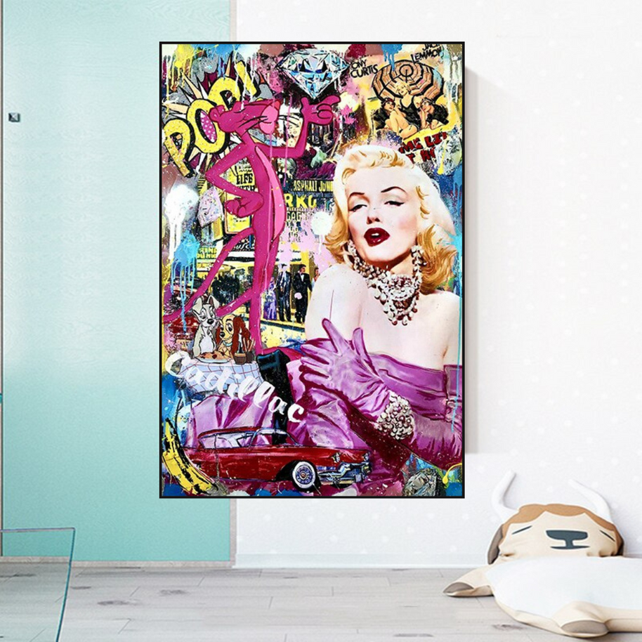 Marilyn and Pink Panther Street Graffiti Art on Cadillac-MinimalisticDecor.com