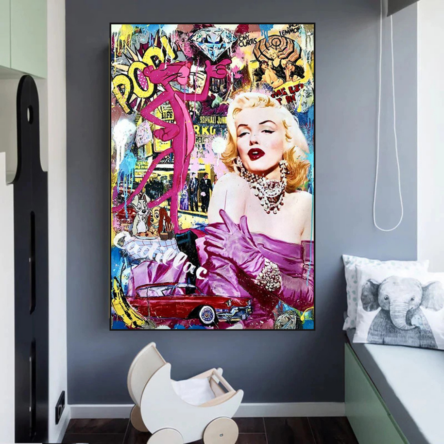 Marilyn and Pink Panther Street Graffiti Art on Cadillac-MinimalisticDecor.com