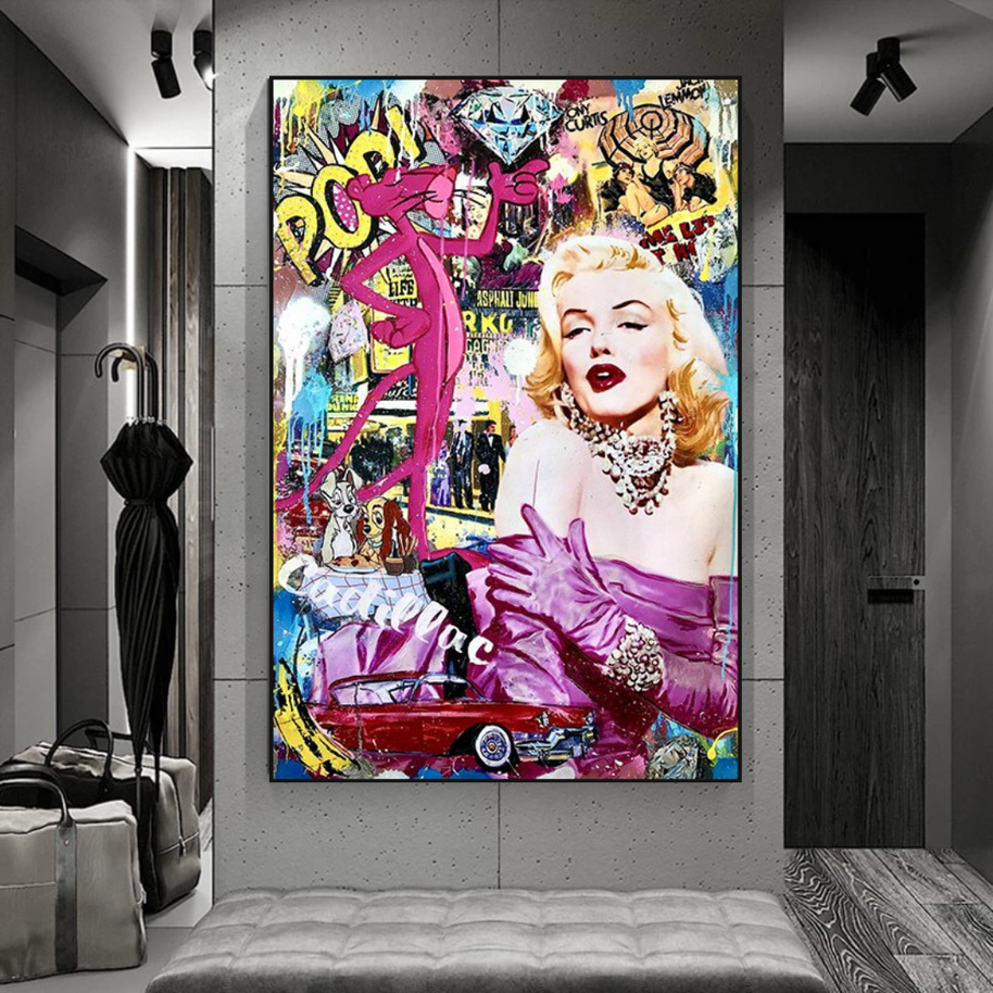 Marilyn and Pink Panther Street Graffiti Art on Cadillac-MinimalisticDecor.com