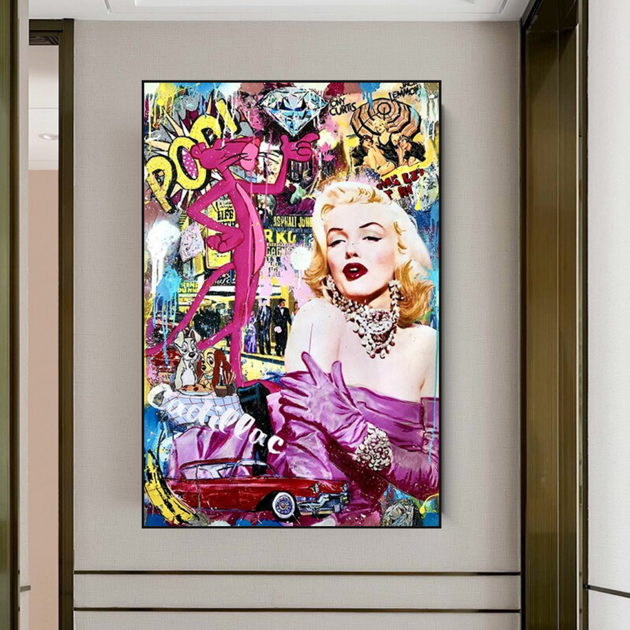 Marilyn and Pink Panther Street Graffiti Art on Cadillac-MinimalisticDecor.com