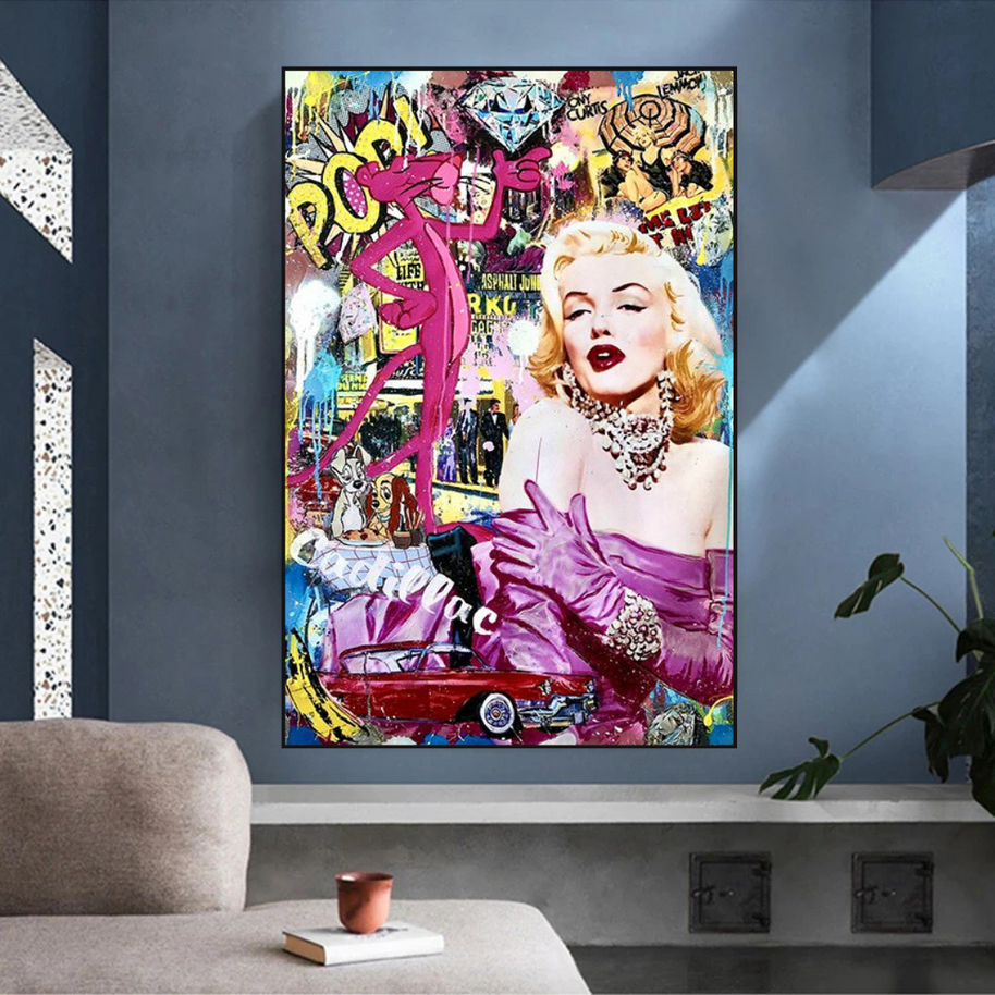 Marilyn and Pink Panther Street Graffiti Art on Cadillac-MinimalisticDecor.com