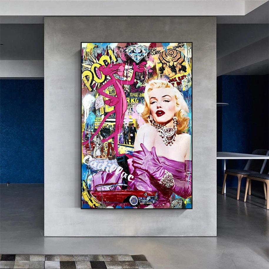 Marilyn and Pink Panther Street Graffiti Art on Cadillac-MinimalisticDecor.com