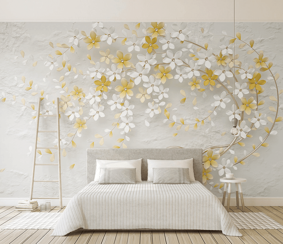 MinimalisticDecor.com-3D Tree White & Yellow Flowers Wallpaper Murals