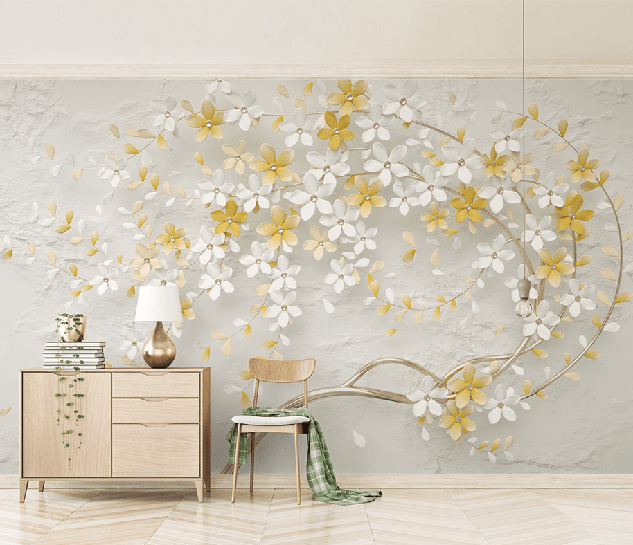 MinimalisticDecor.com-3D Tree White & Yellow Flowers Wallpaper Murals