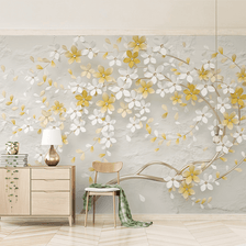 MinimalisticDecor.com-3D Tree White & Yellow Flowers Wallpaper Murals