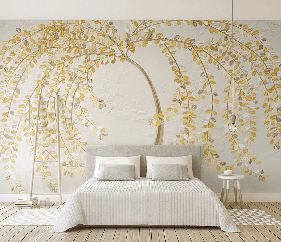 MinimalisticDecor.com-3D Tree with Yellow Wallpaper Murals: Vibrant Wall Décor