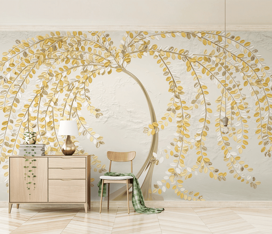 MinimalisticDecor.com-3D Tree with Yellow Wallpaper Murals: Vibrant Wall Décor