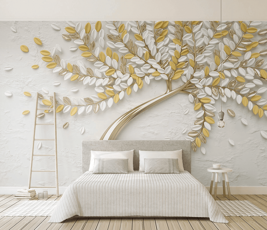MinimalisticDecor.com-3D Tree Yellow Large Flowers Wallpaper Murals