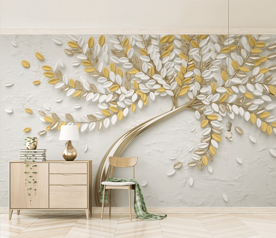 MinimalisticDecor.com-3D Tree Yellow Large Flowers Wallpaper Murals