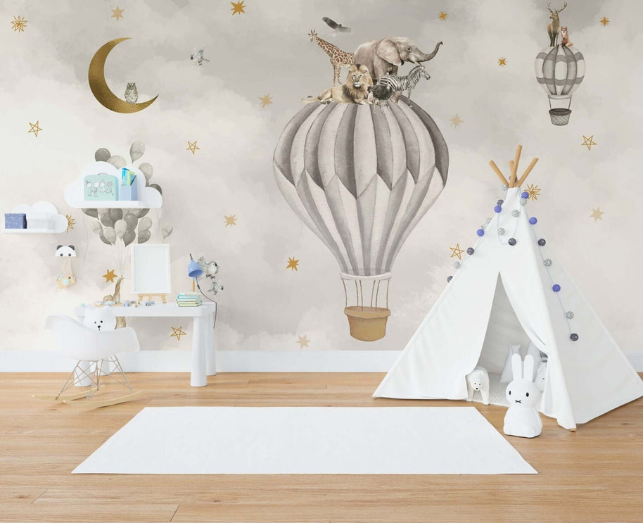 MinimalisticDecor.com-Air Balloon Safari Nursery Wallpaper Mural - Flying Safari
