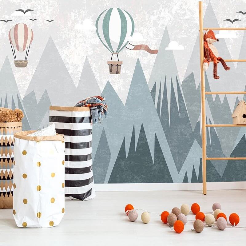 MinimalisticDecor.com-Air Balloons Flying over Mountain Peaks Nursery Wallpaper