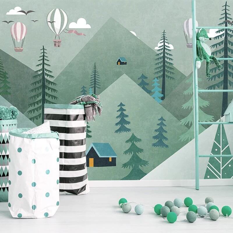 MinimalisticDecor.com-Air Balloons over Green Forest Nursery Wallpaper