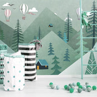 MinimalisticDecor.com-Air Balloons over Green Forest Nursery Wallpaper