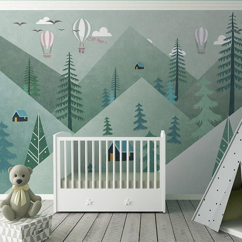 MinimalisticDecor.com-Air Balloons over Green Forest Nursery Wallpaper