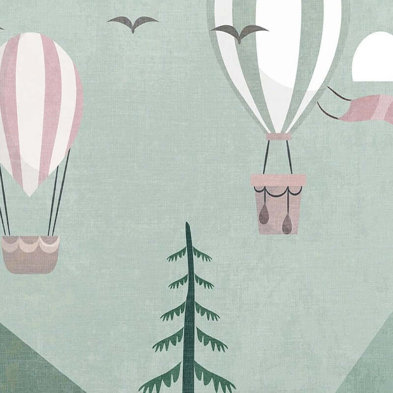 MinimalisticDecor.com-Air Balloons over Green Forest Nursery Wallpaper