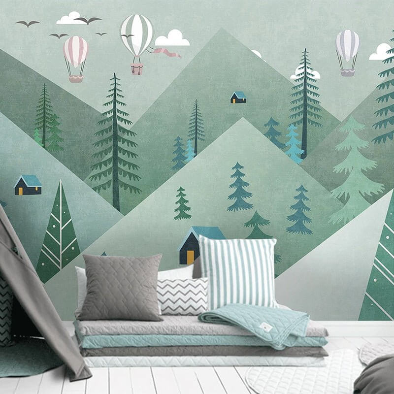 MinimalisticDecor.com-Air Balloons over Green Forest Nursery Wallpaper