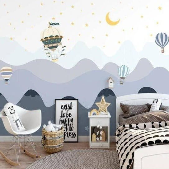 MinimalisticDecor.com-Air Balloons over Mountains - Kids Room Wallpaper